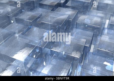 Durchsichtige Glasprismen bilden im 3D-Rendering ein versetztes Raster, das blaue nasse Reflexionen zeigt Stockfoto