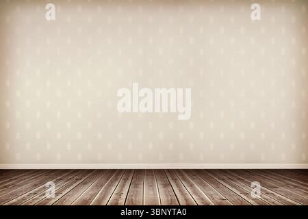 Leerer Raum im flachen Design mit Holzfußboden und beigefarbener Tapete mit ovalem Muster und weißer Fußplatte Stockfoto