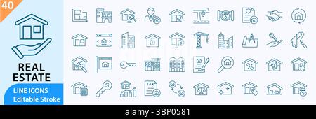 Symbolsatz Immobilien. Symbole für Hauszeile. Mit Haus, Schlüssel und mehr. Vektorsammlung für Zeilensymbole. Bearbeitbare Kontur. Stock Vektor