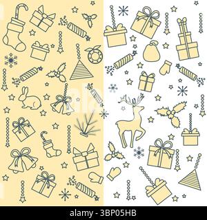 Weihnachtsmuster mit Geschenken, Strümpfen und Rentieren auf einem geteilten Hintergrund in festlichen Farben Vektor Stock Vektor