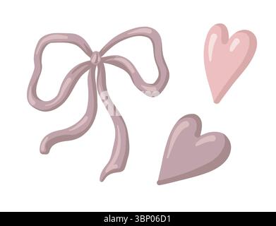Lila Coquette Schleife und rosa Herz im romantischen Cartoon Vektor Stil. Niedliche Vintage-Doodle-Illustration für feminine Dekoration. Perfekt als Geschenk Stock Vektor