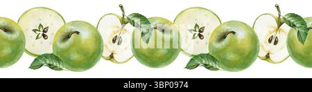 Nahtloser Rand mit grünen Äpfeln, handgezeichnet. Ein Banner mit ganzen Äpfeln und geschnittenen Früchten und grünen Blättern. Das Fruchtmuster ist Stockfoto