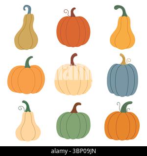 Ein Satz Kürbisse in verschiedenen Farben. Süße Kürbisse von Hand gezeichnet. Ein kuscheliges Herbstset. Vektorabbildung... Stock Vektor