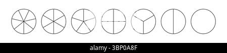 Tortendiagrammvorlage von 1 bis 7. Sammlung von Pizzakarten. Diagramm Räder. Set von segmentierten runden Diagrammen. Stock Vektor