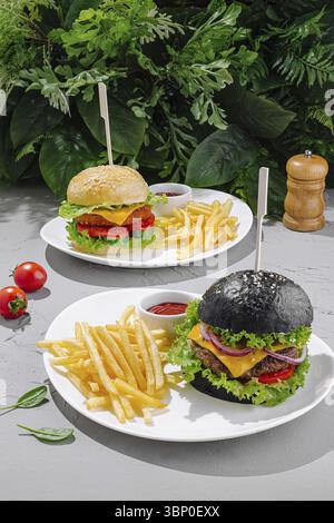Food still-Life, zwei Gourmet-Burger werden auf weißen Tellern präsentiert. Das eine hat ein traditionelles Brötchen, das andere ein auffälliges schwarzes Brötchen. Knusprig f Stockfoto