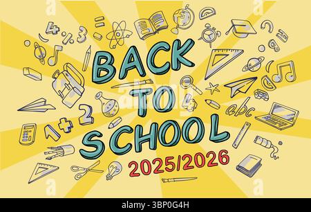Back-to-School-Banner mit gelbem Hintergrund. Vektorabbildung Stock Vektor
