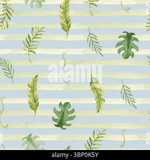 Tropische Blätter nahtloses Muster auf einem grün gestreiften, hellblauen Hintergrund. Palm, Eukalyptus und Monstera mit Liana, horizontale Pinselstriche oder Stockfoto