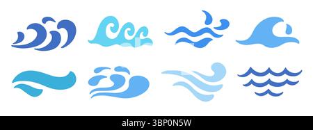 Abstraktes blaues Ocean Waves Logo mit flachen Symbolen Stock Vektor
