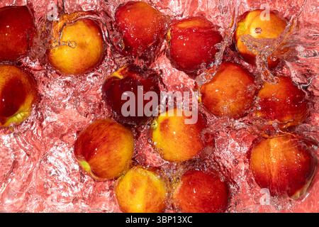 Lebendige Pfirsiche im Wasser mit Splash. Sommer-Fruchtszene Stockfoto