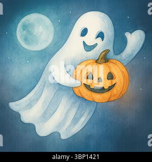 Niedlicher Geist, der Kürbis bei Vollmond hält – gruselige Halloween-Nacht-Szene Stockfoto