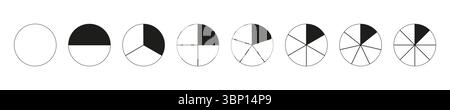 Kreisteilung von 1 bis 8 gleichen Teilen. Pizza, Tortendiagramme. Runden Sie geteilte Diagramme mit einem bis acht Segmenten ab. Infografik, Coaching Stock Vektor