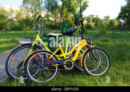 Drei Stadträder beugten sich auf einer Bank im Stadtpark. Zwei Kinderfahrräder und ein Fahrrad mit Planetengetriebe. Stockfoto