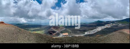 Ein atemberaubender Panoramablick vom Ätna aus mit vulkanischem Krater, gewundenen Pfaden und aschbedecktem Gelände unter einem dramatischen Himmel. Stockfoto