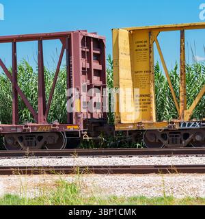 Isolierter Blick auf den Verbindungsbereich von zwei Mittelbalken, die an einem sonnigen texanischen Sommernachmittag auf einem Gleisanschluss sitzen, mit invasivem Riesenschilfwuchs Stockfoto
