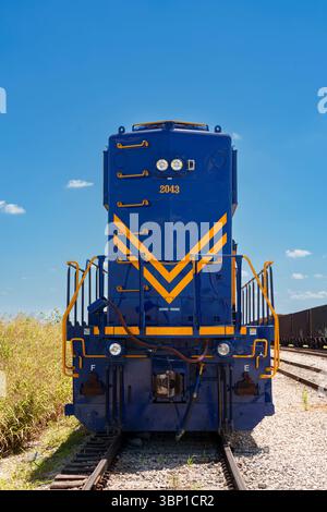 Hinterer Abschnitt einer bunten blau-gelben Fort Worth und Western Lokomotive auf dem Bahnhofsgelände in der Nähe von Fort Worth, Texas Stockfoto