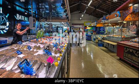 Der berühmte französische Fischmarkt mit einer großen Auswahl an Fisch und Meeresfrüchten. Juni 2025. Soulac sur Mer, Medoc, Aquitaine, Frankreich Stockfoto