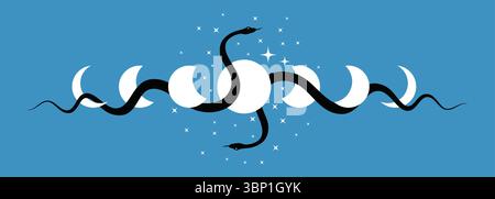 Himmlische Mondphasen und mystische, heilige Schlangen-Grenzrahmen, Wicca-Banner-Schild. Dreifacher Mond heidnische Wiccan Göttin Symbol, Boho Stil, Vektor isoliert Stock Vektor