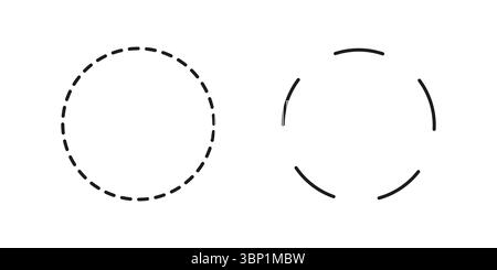 Gestricheltes Symbol für Kreis flach. Gebrochene Ringe. Gepunktete Ringsymbole. Gestrichelte Vorlage für runde Linien. Abstrakte grafische Schwarzweißelemente. Abgerundete Schnittlinie. Vektor Stock Vektor