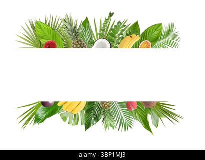 Frische tropische Früchte und grüne Blätter auf weißem Hintergrund. Leerzeichen für Text Stockfoto