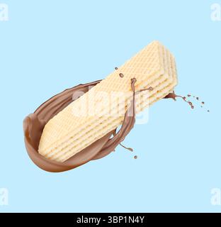 Leckere Waffeln und Schokoladenmilch spritzen in der Luft vor hellblauem Hintergrund Stockfoto
