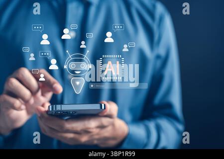 KI-Chatbot-Assistent-Technologie für Kommunikation, Kundensupport und Benutzerinteraktion über Smartphone. Nützlich für tägliche Anwendungen, Geschäftsautom Stockfoto