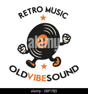 Lächelnde Vinyl-Aufnahme. Old Vibe Sound Retro Cartoon Illustration. Schallplatte mit lächelndem Gesicht und Armen, einfarbige Zeichnung im Vintage-Stil perfekt für Stock Vektor