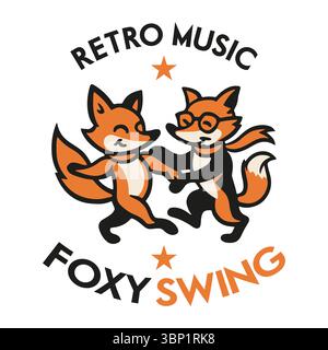 Foxy Swing. Tanzendes Fuchs-Paar Retro-Cartoon-Illustration. Fuchs-Paar tanzt im Retro-Cartoon-Stil. Isoliert auf weiß, perfekt für Kinderdekor, Stock Vektor