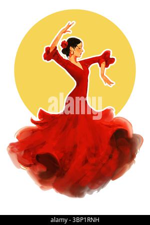 Flamenco-Tänzerin in rotem Kleid. Tusche- und Aquarellillustration einer Flamenco-Tänzerin in fließendem rotem Kleid. Traditionelle spanische Kultur und Andalu Stock Vektor