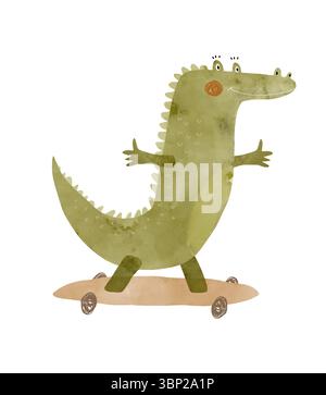Niedliches lächelndes Krokodil auf Einem Skateboard. Kindliche zeichnerische Vektor-Illustration des fröhlichen Krokodil-Skateboardens. Alligator auf weißem Hintergrund. Stock Vektor