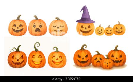 Niedliche Jack-o’-Lantern Kollektion mit lustigen Gesichtern – Halloween Kürbisse Stockfoto