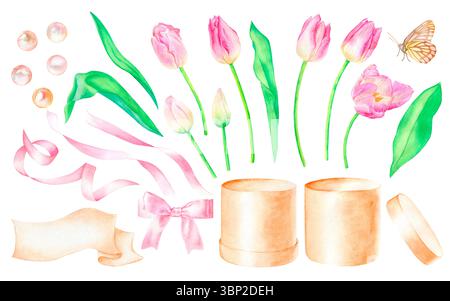 Ein Satz rosa Tulpen, grüne Blätter, eine Box mit einem Deckel für Blumen, eine Schleife für die Box, ein Texthalter, Bänder, ein Schmetterling, Perlen. In Aquarell gezeichnet Stockfoto
