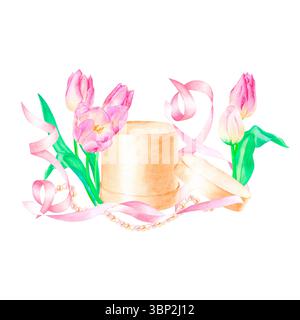 Aquarell-Feiertagskomposition aus einer braunen Box mit Deckel, rosa Tulpen, Bändern und einer Perlenschnur, handgezeichnet, isoliert auf weißem Hintergrund. Stockfoto