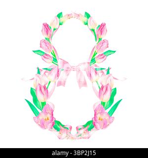 Festliche Aquarellillustration mit rosa Tulpen, Bändern, Schleife und Perlen in Form von acht auf weißem Hintergrund. Element für Waren, Karten, kongr Stockfoto