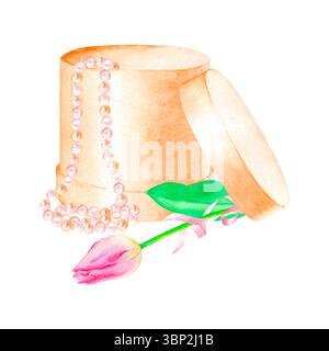 Handgezeichnete Aquarellillustration. Festliche Komposition mit einer Perlenschnur in einer braunen Box und einer rosa Tulpe mit einem Band. Isoliert auf einem weißen bac Stockfoto