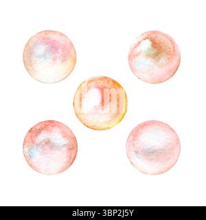 Rosa und beige Perlen handgezeichnet in Aquarell, zarte Illustration, isoliert auf weißem Hintergrund. Stockfoto