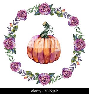 Herbstrosen- und Kürbiskranzrahmen mit Aquarelldesign Stockfoto