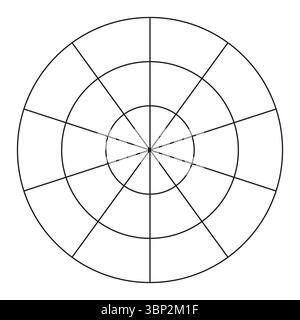 Polares Raster aus 10 Segmenten und 2 konzentrischen Kreisen. Coaching-Tool. Vorlage „Rad der Lebensdauer“. Kreisdiagramm der Balance des Lebensstils. Vektor blank Polar Stock Vektor
