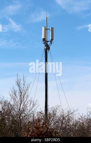 Ein hoher Mobilfunkturm mit mehreren Antennen und Stützkabeln erhebt sich über baumlosen Bäumen vor einem klaren blauen Himmel Stockfoto