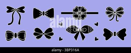 Schwarz-weißes Schleifenset, Vektorzeichen in verschiedenen Variationen, einfache festliche bowknot-Doodle-Kollektion Stock Vektor