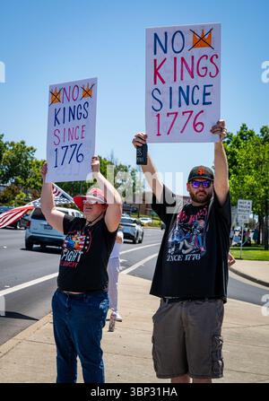 Zwei Aktivisten winken No Kings since 1776 bei einem Protest am 4. Juli in der Nähe der Westfield Galleria Mall. Stockfoto