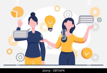 Unternehmensberatungskonzept. Frauen in der Nähe von Grafiken und Glühbirnen. Berater und Assistent, Analyst. Geschäftsfrau denkt über Unternehmensstrategie nach. Ratschläge Stock Vektor