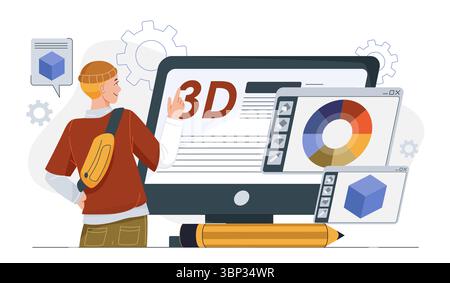 3D Designer Mann. Junger Kerl in der Nähe eines Computerbildschirms mit isometrischem Würfel. Freelancer entwickelt Elemente für Websites. Künstler im visuellen Studio. Freiberuflich tätig und Stock Vektor