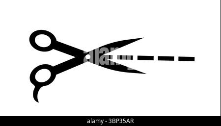Symbol „Schere schneiden“. Silhouette einer Schere, die gepunktete Linien schneidet. Friseur- oder Friseurausrüstung. UI- und UX-Design. Grafikelement für Website. Flach Stock Vektor