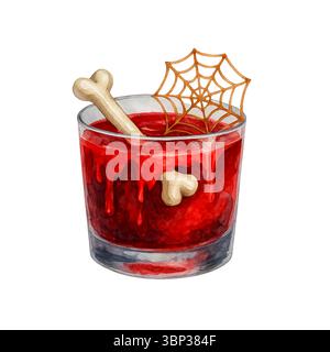 Blutiger Halloween-Cocktail mit Knochen und Spinnennetz-Garnish in Aquarell Stockfoto