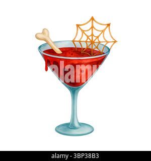 Roter Halloween Martini mit Knochen Eis und Spinnennetz Dekoration Stockfoto