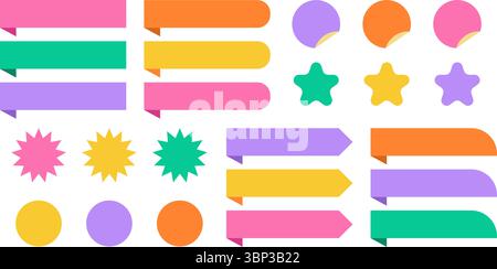 Sammlung von Aufklebern, einschließlich Sternen, Kreisen, Quadraten und Pfeilen, perfekt für Planer, Zeitschriften und kreative Projekte. Stock Vektor