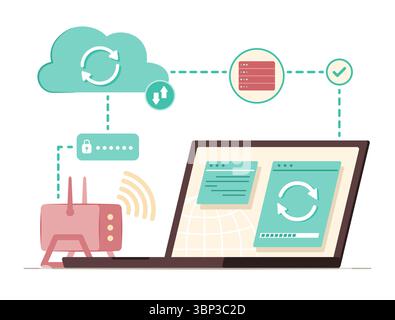 Laptop-Computer Synchronisierung von Daten mit Cloud Computing-Server über Wi-Fi-Signal vom Wireless Router für Internet und Wireless Network Connection Technology Stock Vektor