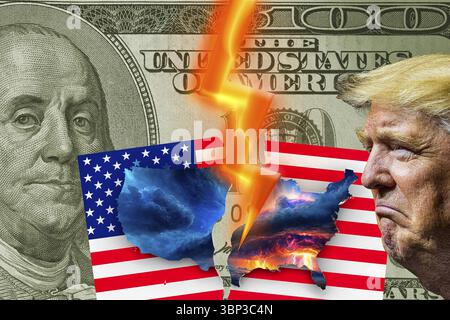 Symbolisches Image, geteilte USA, Demokratie gegen Autokratie, US-Demokratie in Gefahr, EU und Deutschland unter politischem Druck, Industrie, Donald Trump, tari Stockfoto