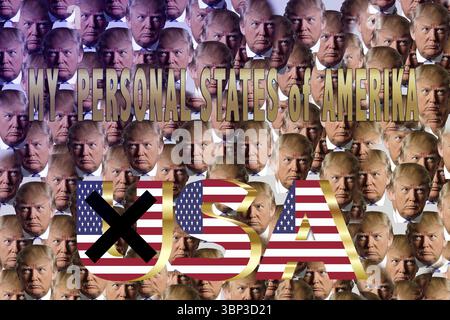 Symbolisches Image, Trump als Besitzer der USA, keine Vereinigten Staaten mehr, Demokratie versus Autokratie, sieht sich Donald Trump als Herrscher über dem Gesetz, US d Stockfoto