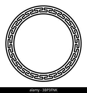 Glattes Mäandermuster, kreisförmiger Rahmen. Dekorative, kreisförmige Borte mit Reißverschluss-ähnlichem Muster, aus einer durchgehenden Linie, die zu einem nahtlosen Motiv geformt ist. Stockfoto